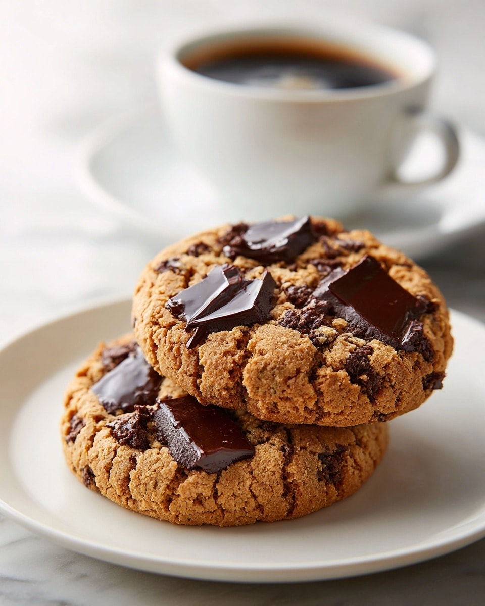 Two thick, round cookies with a rough, crumbly light brown texture lie stacked on a white plate. Large, shiny, melted dark chocolate chunks are visible on top of the cookies, contrasting with the golden cookie surface. Behind the plate, there is a blurred white cup filled with dark coffee. The scene sits on a white marbled surface with soft natural light. photo taken with an iphone --ar 4:5 --v 7