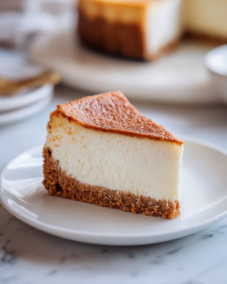 A slice of cheesecake with three layers is placed on a white plate on a white marbled surface. The bottom layer is a brown crumbly crust, coarse in texture and about one-fifth of the height. Above it is a thick, creamy off-white middle layer with a smooth texture, making up most of the slice. The top layer is a slightly browned, golden surface with a rough, baked edge that rises unevenly above the creamy filling. In the background, the rest of the cheesecake is partly visible on a white plate. photo taken with an iphone --ar 4:5 --v 7