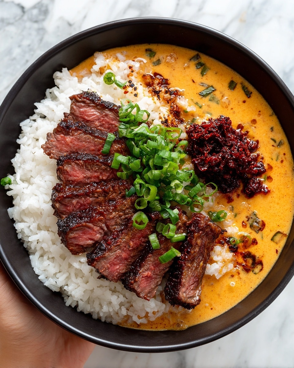 The image shows a close-up of a dish with five thick slices of grilled steak, cooked medium rare with a pink center and a charred brown outside. The steak slices rest on a bed of white rice, which sits on a creamy orange sauce spread evenly under the rice. On top of the steak, there is a layer of fresh green beans or similar green vegetables, with some small red chili flakes for color. To the side, a small pile of dark red chili paste adds a spicy contrast. The food is all in a white bowl with a white marbled background. Photo taken with an iphone --ar 4:5 --v 7