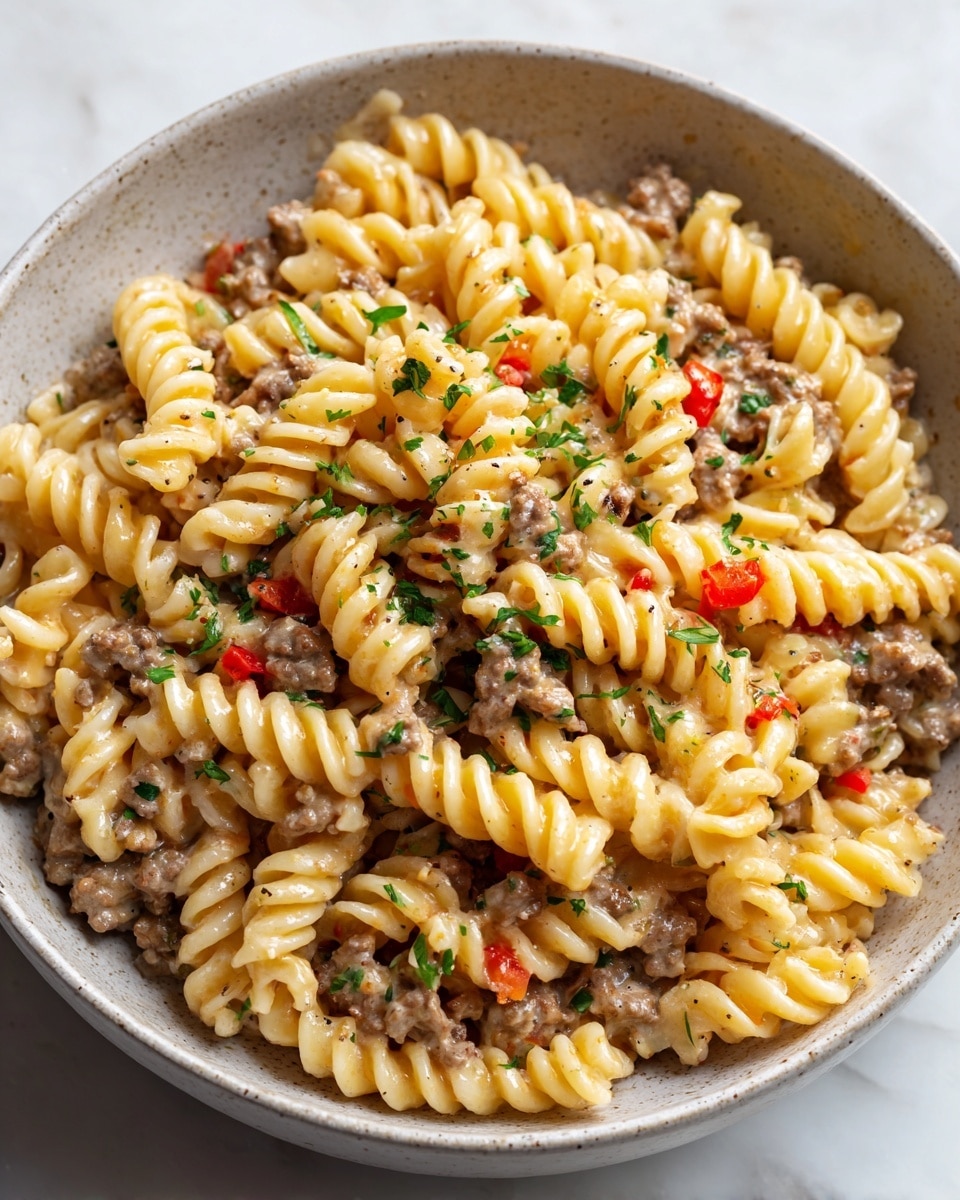 A close-up view of a bowl filled with creamy pasta, showing about three layers. The bottom layer is curly, pale yellow pasta with a smooth, soft texture. On top of the pasta, there are chunks of browned meat mixed with small pieces of red bell pepper. The meat looks juicy and tender, covered with finely chopped green herbs scattered over everything. The entire dish has a shiny, slightly oily surface, giving it a fresh, rich look. The bowl is white and sits on a white marbled surface, adding a clean contrast to the warm colors of the food. Photo taken with an iphone --ar 4:5 --v 7