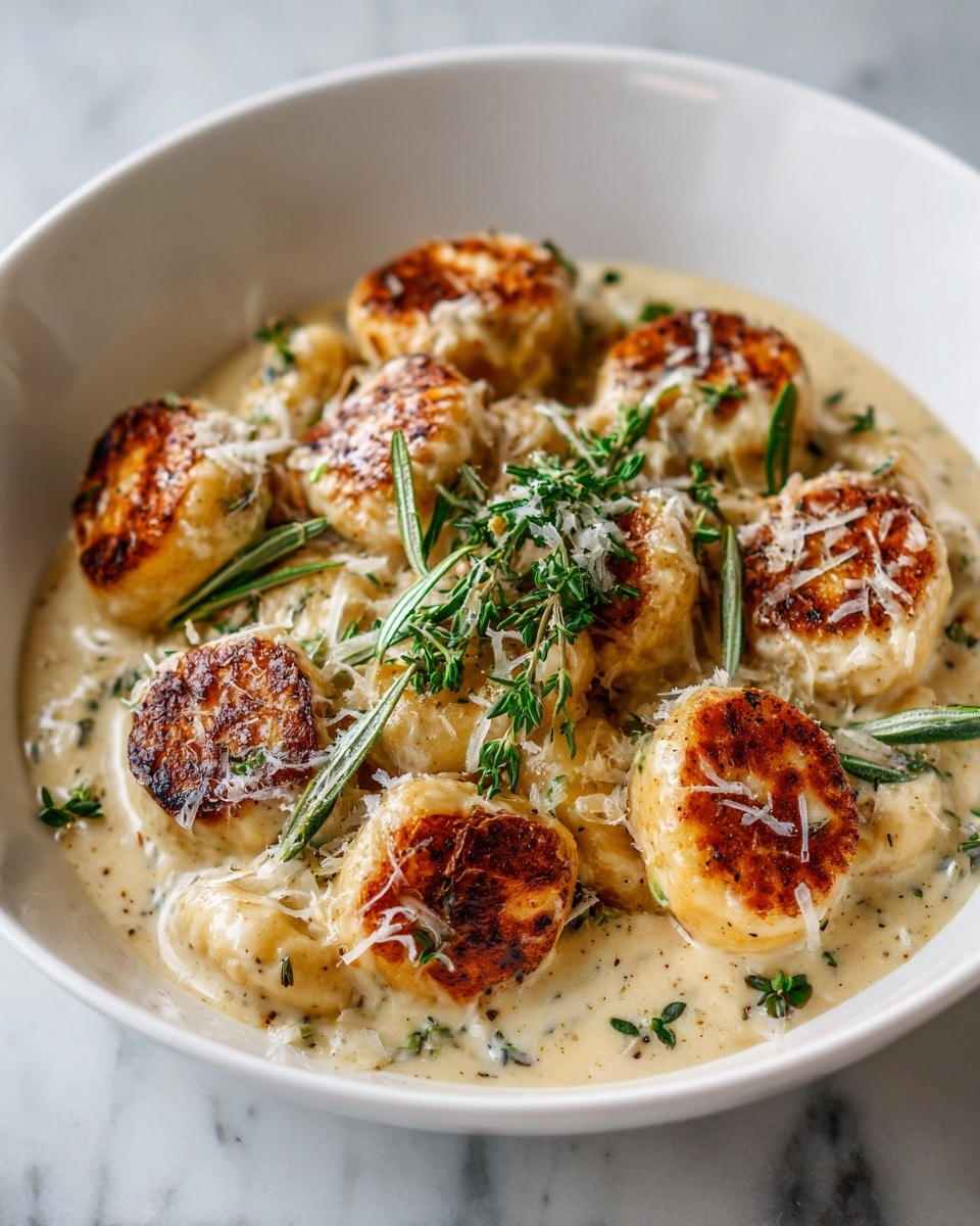 The image shows a white bowl filled with creamy pasta, covered in a light beige sauce. On top, there are evenly browned, round pieces of food, about two layers deep, with a crispy texture and golden color. The dish is sprinkled with fine, light brown shredded cheese and small green herbs. In the center, a fresh green sprig of rosemary and thyme stands upright, adding a natural decoration. The bowl rests on a white marble surface, and the lighting highlights the warm colors and textures of the food. photo taken with an iphone --ar 4:5 --v 7