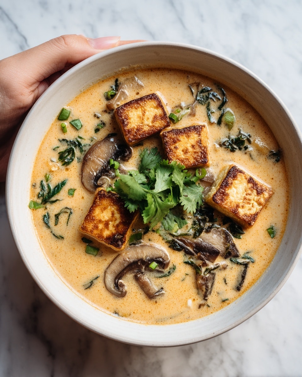 The dish is a creamy soup served in a white bowl, set on a white marbled surface. The soup has a light yellow color with a smooth texture, filled with several chunks of golden-brown tofu floating on the surface. There are sliced mushrooms with a dark, earthy tone mixed throughout, along with green leafy herbs scattered on top, adding a fresh look. A sprig of cilantro is placed in the center as decoration. photo taken with an iphone --ar 4:5 --v 7