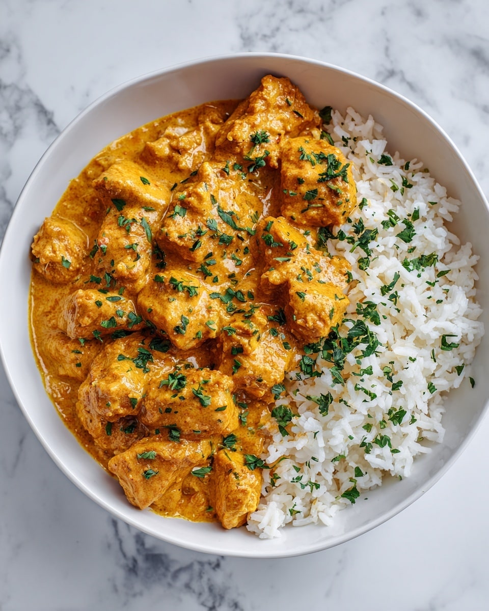 The image shows a white bowl with creamy orange-colored chicken curry inside, with tender chicken pieces covered in a smooth, rich sauce. Bright green chopped herbs are sprinkled on top as garnish. On the side of the bowl, there is a portion of plain white rice, soft and fluffy. The bowl sits on a white marbled surface, highlighting the vibrant colors of the curry and rice. Photo taken with an iphone --ar 4:5 --v 7