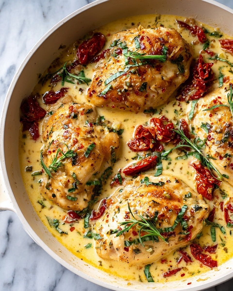 The image shows a creamy dish with four browned chicken breasts cooking in a pan. The creamy sauce is light yellow with visible green spinach leaves and scattered pieces of red sun-dried tomatoes. The texture of the sauce looks smooth and thick, coating the chicken well. The chicken breasts have a slightly crispy, golden-brown top with some herbs sprinkled on them. The bright colors of the red tomatoes and green spinach contrast with the creamy sauce and browned chicken, creating a rich and flavorful appearance. Photo taken with an iphone --ar 4:5 --v 7