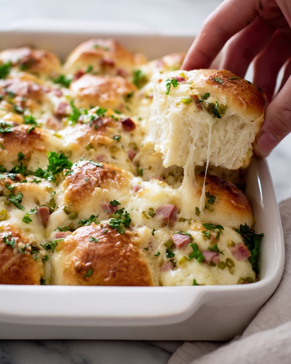 The image shows a close-up of a white baking dish filled with soft, golden-brown baked rolls. Each roll is sliced slightly and stuffed with layers of light yellow melted cheese, small pink cubes of ham, and green slices of jalapeno peppers. The cheese is melted and bubbly on top, with some browned spots. Fresh green parsley leaves are sprinkled over the rolls, adding a fresh look. The dish is placed on a white marbled surface, and a woman's hand is gently touching the edge of one roll. photo taken with an iphone --ar 4:5 --v 7
