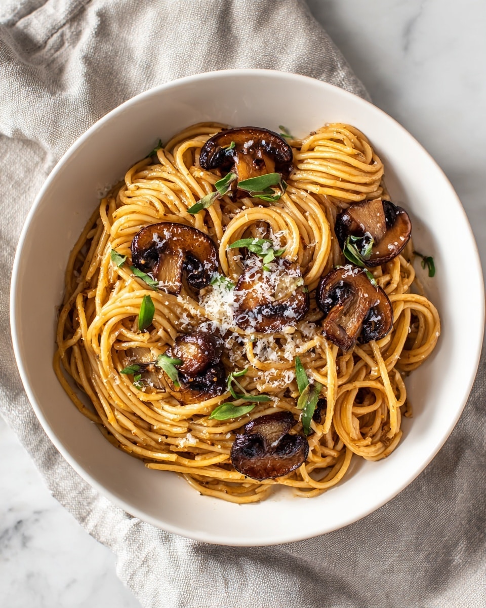 A bowl of spaghetti pasta is twisted into a neat mound in the center of a white bowl. The pasta is coated with a light brown sauce and topped with several dark brown sautéed mushroom slices. Small green herb leaves are scattered on top and around the noodles. There is also a sprinkling of finely grated cheese over the mushrooms and pasta. The white bowl is placed on a light gray cloth, all set on a white marbled surface. photo taken with an iphone --ar 4:5 --v 7