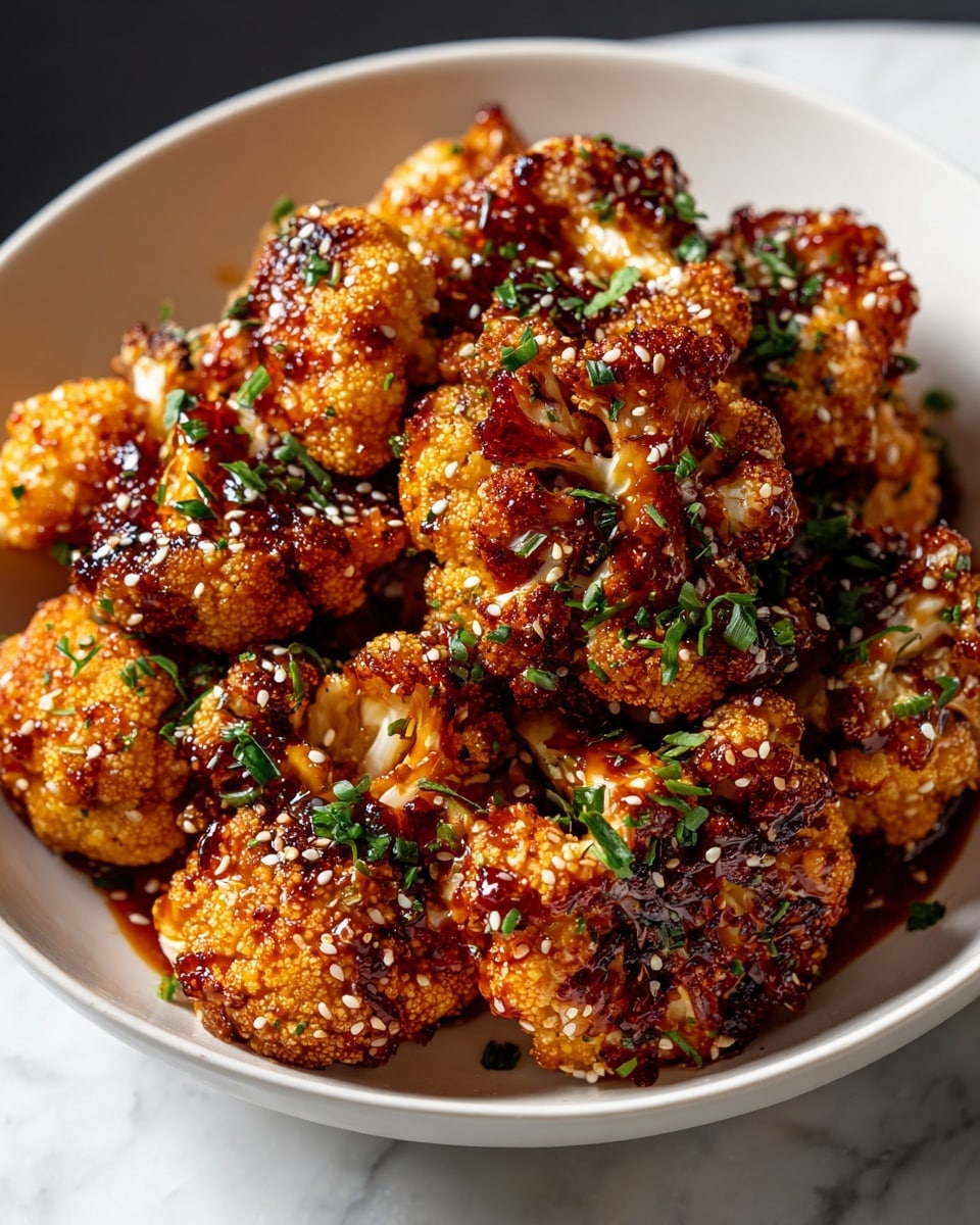 A close-up view of crispy roasted cauliflower florets coated in a sticky, shiny reddish-brown sauce, arranged in a white bowl. Each floret has a textured, golden-brown crust with some darker charred spots and is sprinkled generously with white sesame seeds and small pieces of bright green chopped herbs, adding a fresh contrast. The cauliflower pieces vary in size, filling the bowl and creating a layered, full look. The background is a white marbled texture, making the colors of the dish stand out vividly. Photo taken with an iphone --ar 4:5 --v 7