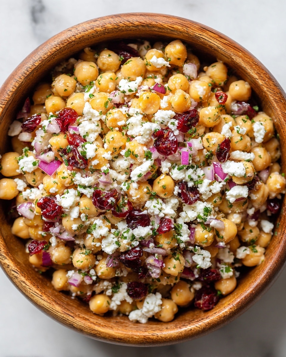 A close-up view of a wooden bowl filled with a chickpea salad, showing three main layers: the base layer is light brown chickpeas that are round and smooth, the middle layer has bright red dried cranberries scattered unevenly, and the top layer includes small white crumbles of soft cheese sprinkled with chopped green herbs and bits of purple-red onion, all mixed together inside the bowl, set on a white marbled texture background. photo taken with an iphone --ar 4:5 --v 7