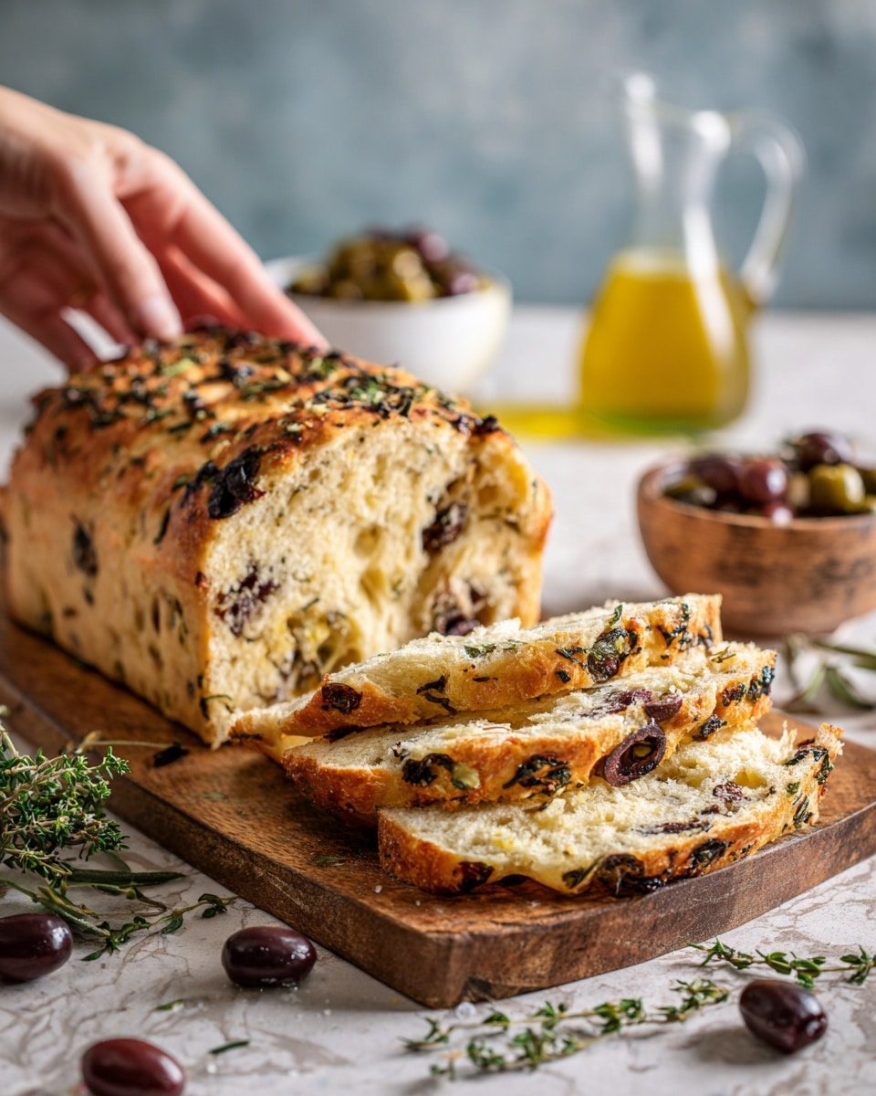 A loaf of rustic bread with a golden-brown crust is sliced into three thick pieces, revealing a soft, airy inside with visible bits of olives and herbs. The bread rests on a wooden cutting board with some scattered fresh thyme leaves. In the blurred background, there is a glass bottle of olive oil and a small bowl filled with dark olives. The warm lighting enhances the texture of the crust and the freshness of the herbs. The whole scene is set on a white marbled surface. photo taken with an iphone --ar 4:5 --v 7