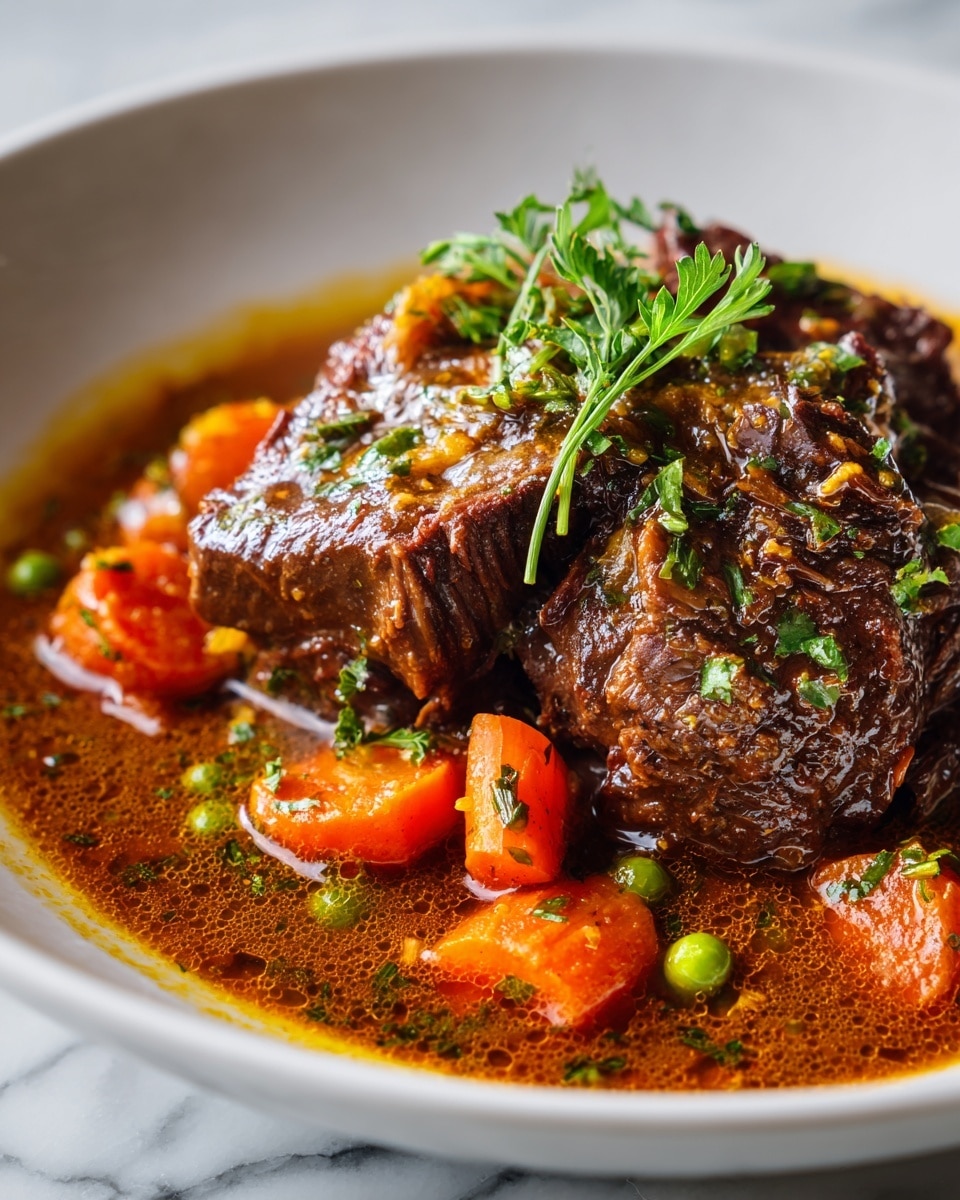 The image shows a close-up of a bowl filled with rich, brown beef stew. The stew has several thick chunks of dark brown beef on top, surrounded by bright orange carrot pieces. The beef looks tender with a slightly shiny texture from the gravy. Fresh green herbs are sprinkled over the top, adding a touch of color. The stew is thick, with a glossy, dark brown liquid that fills the bowl. The bowl itself is white and sits on a white marbled surface. Photo taken with an iphone --ar 4:5 --v 7