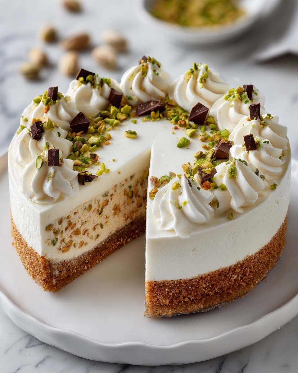 A slice of a layered pistachio cake is shown on a white plate with a delicate blue pattern, placed on a white marbled textured surface. The cake has three layers: a golden-brown crumbly base, a middle pistachio cream layer with visible green pistachio chunks, and a thick top layer of smooth white whipped cream. The top is decorated with scattered green pistachios and small dark chocolate pieces. A silver cake server is partially visible on the right side of the plate. Photo taken with an iphone --ar 4:5 --v 7