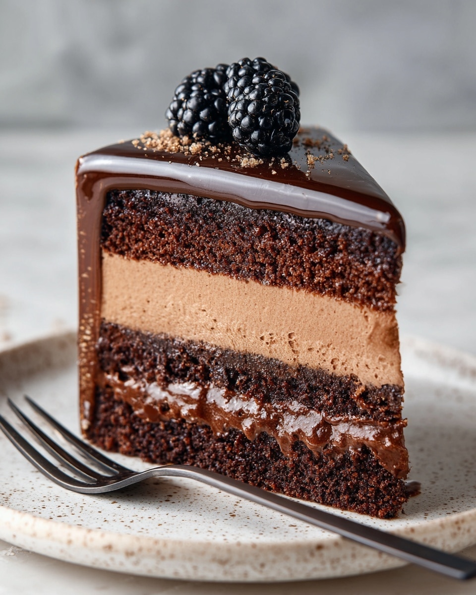 A slice of three-layer chocolate dessert is placed on a white speckled plate. The bottom layer is a dark, dense chocolate cake with a crumbly texture. Above it is a thick, smooth milk chocolate mousse layer, lighter in color and airy in texture. The top layer is a thin, shiny dark chocolate ganache, glossy and smooth, crowned with a single shiny blackberry. Next to the slice, on the plate, lies a dark fork. The plate sits on a white marbled texture. photo taken with an iphone --ar 4:5 --v 7