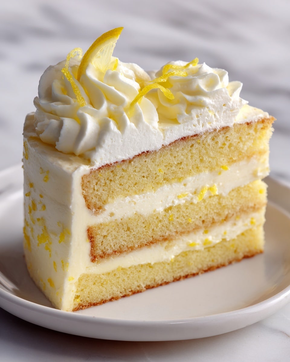 The image shows a single slice of lemon cake on a white plate, sitting on a white marbled surface. The cake slice has three visible layers: the bottom and top layers are pale yellow sponge cake, soft and moist, and the middle layer is thick white cream with a smooth texture. On top of the cake, there is a thin layer of white frosting and a small, bright yellow lemon wedge for decoration, adding a fresh look. The edges of the cake are neat and clean, showing the even layers clearly. Photo taken with an iphone --ar 4:5 --v 7