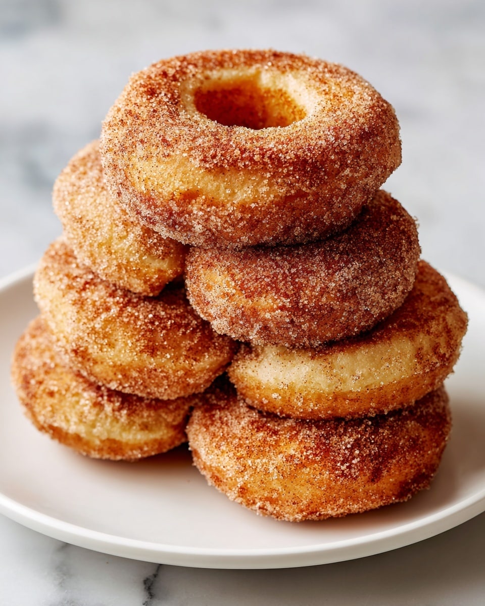 A stack of five golden brown donuts sits on a white plate with a white marbled surface background. Each donut is covered evenly with a sugary cinnamon coating that gives a rough texture, highlighting the crispy outer layer. The donuts have a thick, soft appearance with a slightly rough surface from the sugar and cinnamon mix. The arrangement shows the donuts slightly overlapping each other, creating a cozy and inviting look. photo taken with an iphone --ar 4:5 --v 7