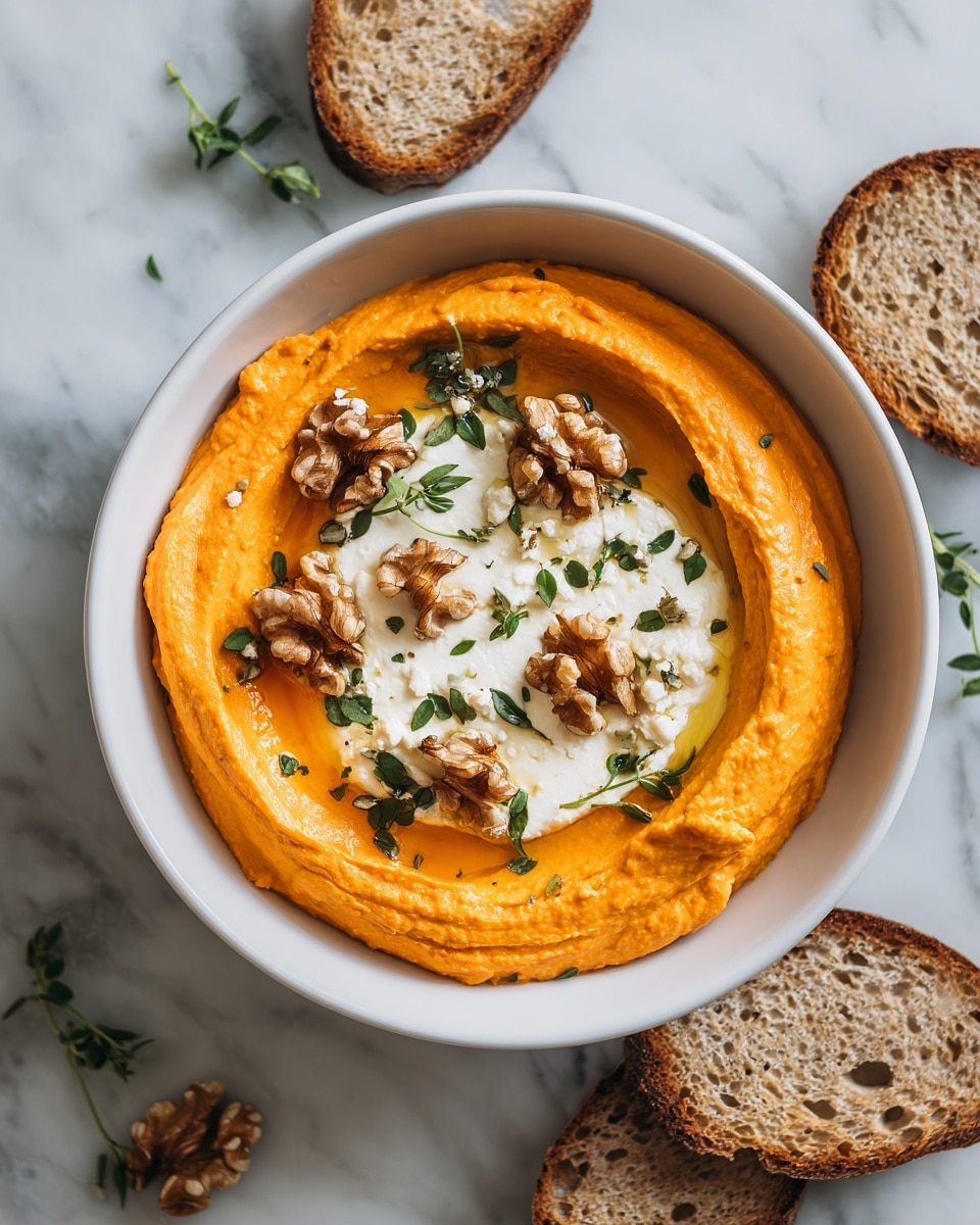 The image shows a white plate with a creamy orange spread forming the bottom layer, smooth and thick in texture, shaped in a wide circle. On top of the orange spread, there is a smaller dollop of white cream, soft and slightly melting, creating a contrast in color and texture. Scattered over the white cream are crunchy brown walnut pieces and small green herb leaves, adding texture and color to the top of the dish. Around the edge of the plate, there are three slices of crusty, rustic bread with a light brown crust and a soft inside, leaning against the spread. The plate sits on a white marbled surface with soft natural light. Photo taken with an iphone --ar 4:5 --v 7