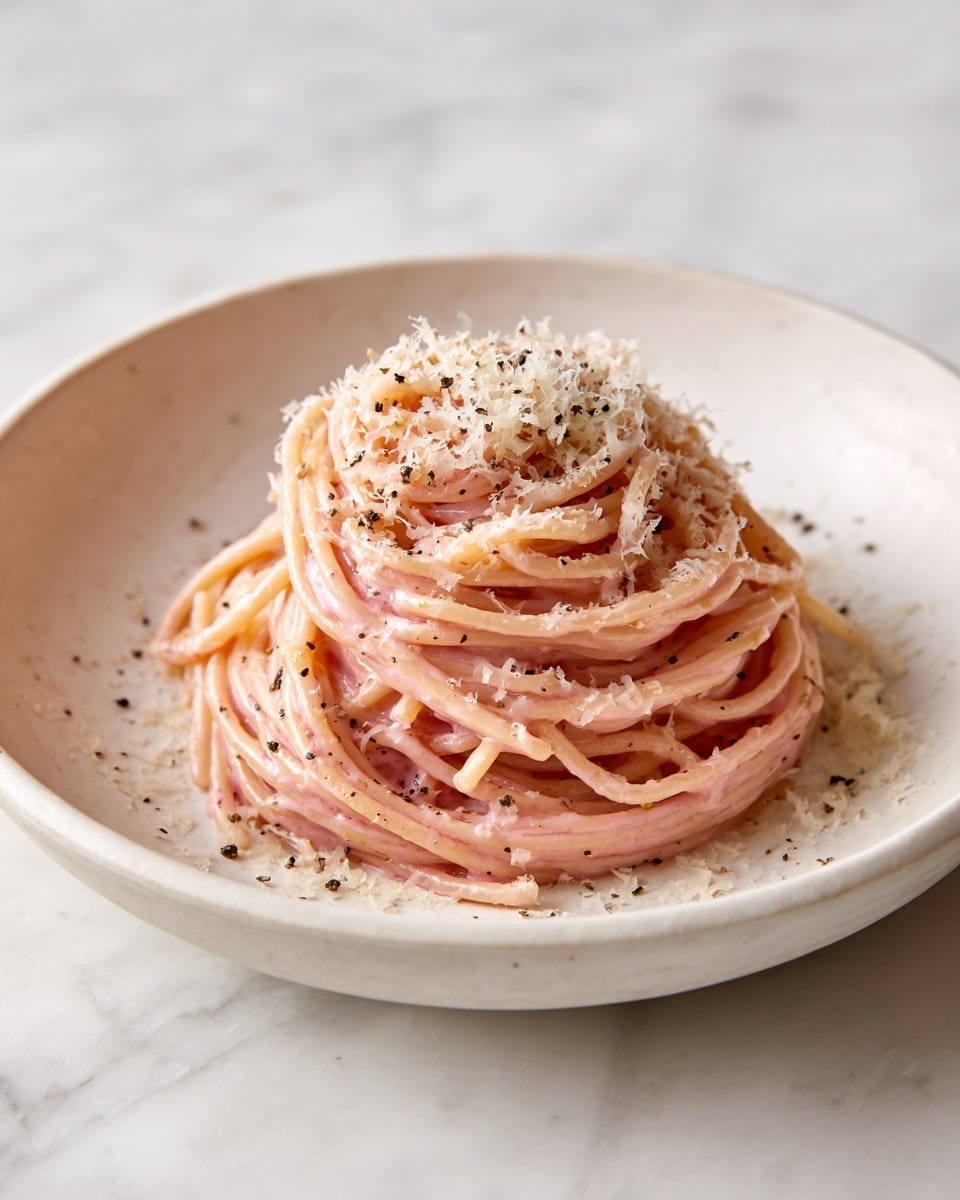A white bowl holds a neat mound of pink spaghetti, with smooth, slightly glossy noodles twirled into a compact round shape. On top of the pasta, there is a light layer of finely grated pale yellow cheese, sprinkled evenly with small flecks of black pepper, adding a speckled texture. The bowl sits on a white marbled surface that softly reflects light, creating a clean and simple backdrop. The overall look is fresh, minimal, and inviting. photo taken with an iphone --ar 4:5 --v 7