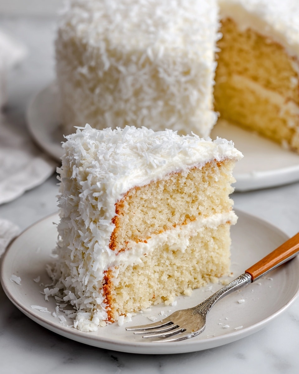 A slice of two-layer light yellow cake with white creamy frosting between the layers and all around the sides is shown on a white plate. The top and sides of the cake are covered with shredded white coconut. A silver fork with a wooden handle rests next to the cake slice on the plate. The background has a white marbled texture with a blurred view of the whole cake on a wooden stand behind the slice. Photo taken with an iphone --ar 4:5 --v 7