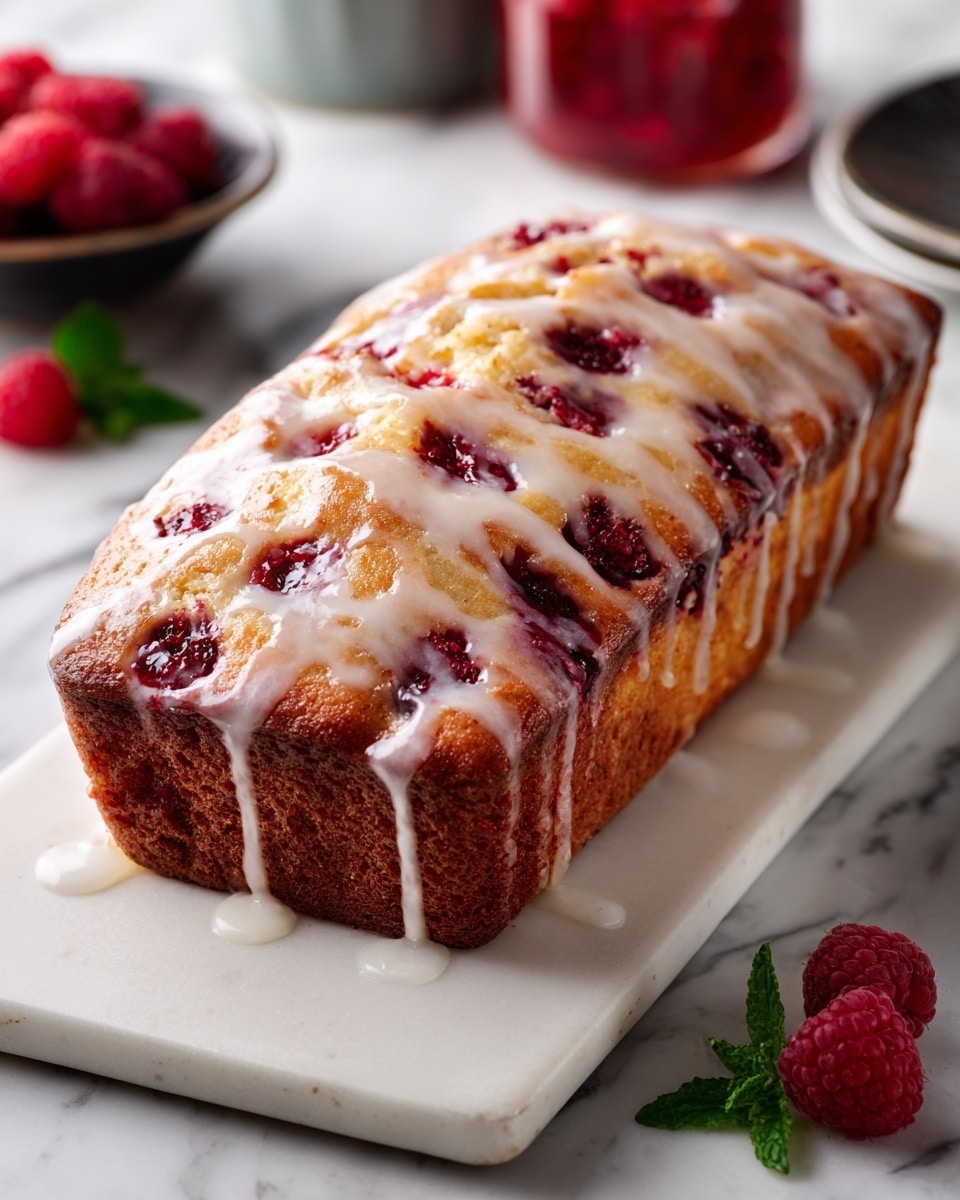 The image shows a rectangular cake with a golden-brown top layer that looks soft and slightly bumpy. Scattered through the cake are deep red raspberry pieces, some fully sunk into the cake and others partly on top, giving a bumpy texture. A shiny glaze lightly covers the cake's surface, adding a bit of shine and a smooth layer over the top. The cake sits on a white rectangular plate against a white marbled textured surface, with fresh raspberries blurred in the background. Photo taken with an iphone --ar 4:5 --v 7
