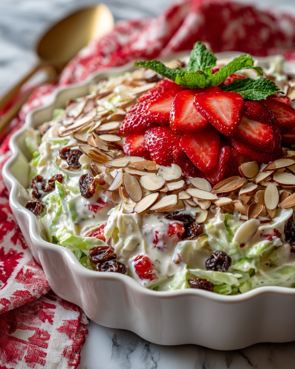 A white scalloped bowl filled with a creamy layered salad that includes chopped red strawberries and thin white shredded pieces, mixed with dark raisins and topped with light brown sliced almonds. On top, there is a fan of fresh sliced strawberries with green leaves. The bowl sits on a white marbled surface with a red and white patterned cloth in the background. Photo taken with an iphone --ar 4:5 --v 7