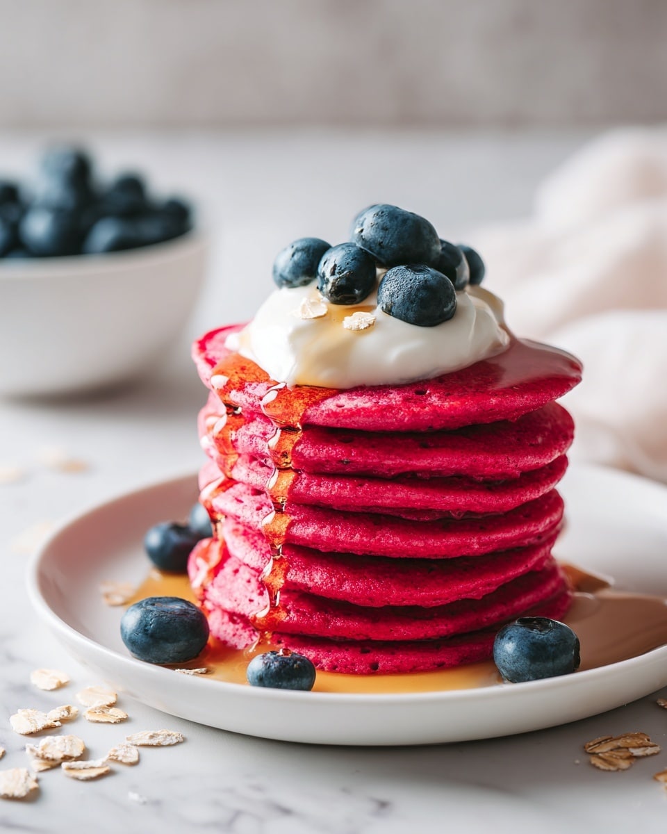 A tall stack of seven bright pink-red pancakes sits on a white plate with a ridged edge, each pancake thick and fluffy with a soft texture. On top, there is a dollop of smooth white cream, slightly glossy, crowned with a cluster of fresh, plump blueberries that are deep blue with a matte finish. Rich amber syrup drips slowly down the sides of the stack, catching light and creating shiny highlights. Around the plate, scattered blueberries and oat flakes rest on a white marbled surface, with a white cloth nearby and a white bowl filled with more blueberries in the background. A silver fork leans on the edge of the plate. photo taken with an iphone --ar 4:5 --v 7