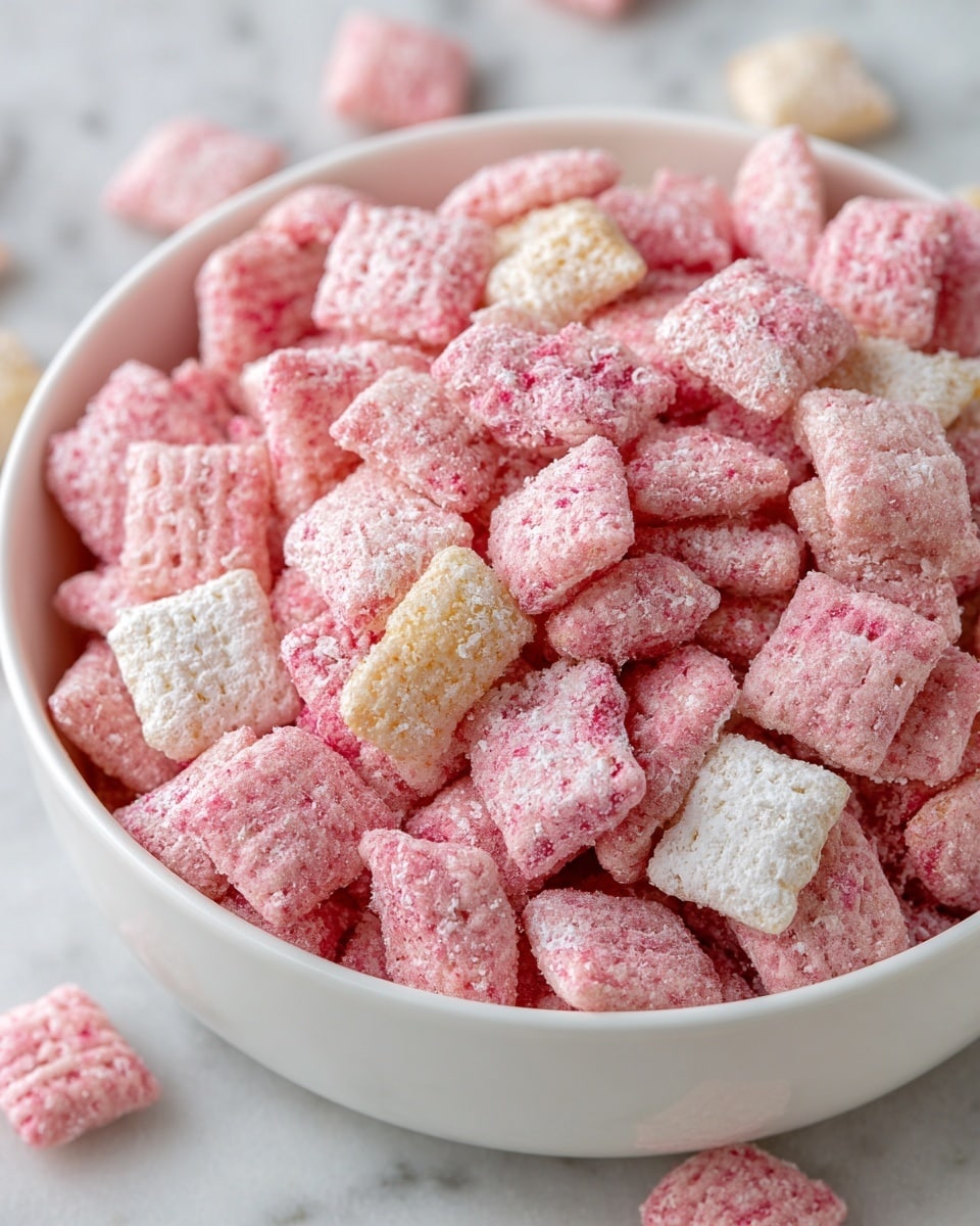 A close-up of a white bowl filled with square cereal pieces covered in pink coating and dusted with white powdered sugar, showing a textured pattern on each cereal piece; a few cereal pieces have a light yellow base with pink coating on top. The bowl is placed on a white marbled surface. photo taken with an iphone --ar 4:5 --v 7