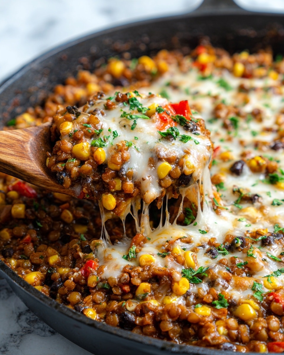 A close-up view of a cooked lentil dish in a white pan, showing layers of brown lentils mixed with black beans, yellow corn kernels, and red pepper pieces all evenly combined. The top layer is melted white cheese that stretches slightly as a wooden spoon lifts a scoop from the pan. Small green herb pieces are sprinkled evenly on the surface, adding a fresh look against the warm, colorful mix of ingredients. The texture is moist and hearty, with the layers blending together but still distinct. photo taken with an iphone --ar 4:5 --v 7