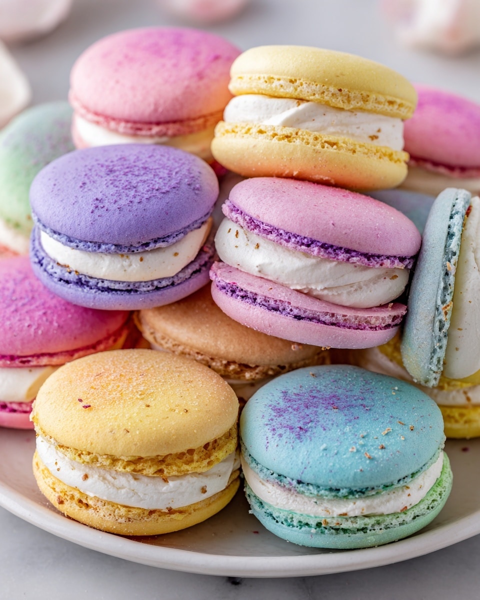 A close-up of a white plate filled with colorful macarons arranged in a cluster. The macarons each have two smooth, slightly cracked shells with a firm texture, sandwiching a creamy white filling. The macaron shells come in pastel shades of blue, yellow, pink, purple, and green, with a soft matte finish that highlights their delicate surface. The white plate rests on a white marbled surface, adding a clean and elegant backdrop to the vibrant cookies. Photo taken with an iphone --ar 4:5 --v 7