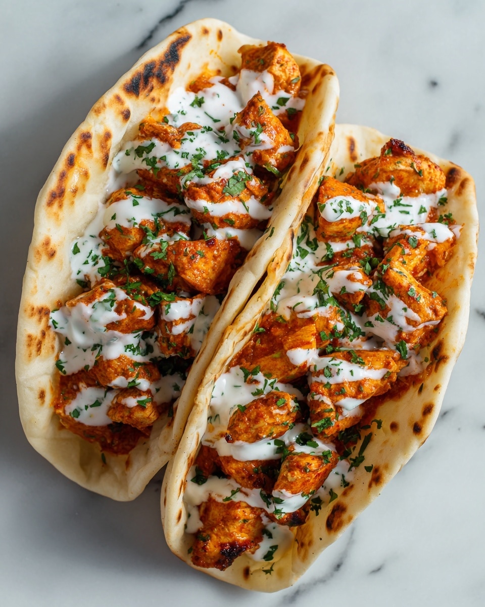 The image shows soft flatbreads folded in half, each filled with several chunks of grilled chicken that are orange-brown with grill marks, topped with a thick, creamy white sauce speckled with green herbs. Fresh green chopped cilantro is scattered over the chicken and sauce in each flatbread. The flatbreads have a light golden color with some browned spots from cooking. They are arranged closely on a white marbled surface. The photo has a warm and inviting look. photo taken with an iphone --ar 4:5 --v 7