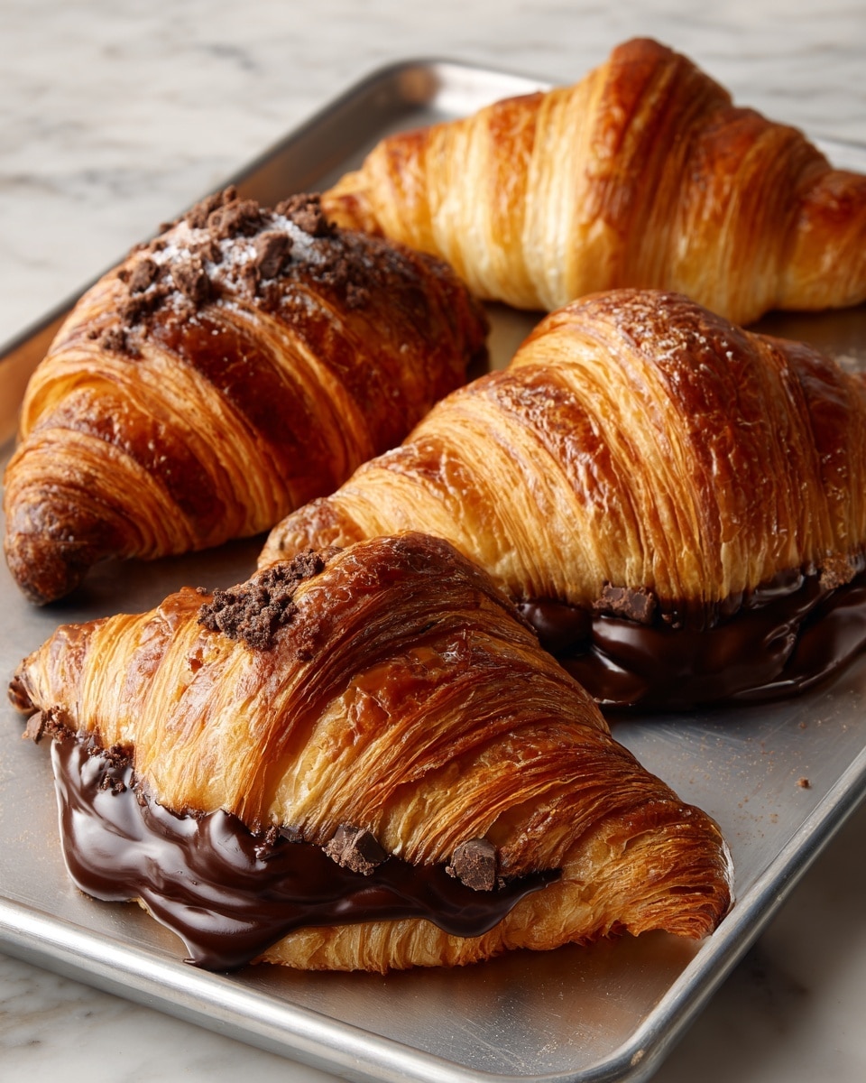 Four golden brown croissants with a shiny, flaky outer layer are shown on a white marbled textured tray. Each croissant is cut open and filled with thick, smooth dark chocolate spread that is slightly melted and dripping out. On top of the chocolate layer, there are bits of crumbled cookie pieces in beige and dark brown colors, adding texture and contrast. The croissants are arranged close to each other with some crumbs scattered around, emphasizing their fresh and flaky quality. photo taken with an iphone --ar 4:5 --v 7