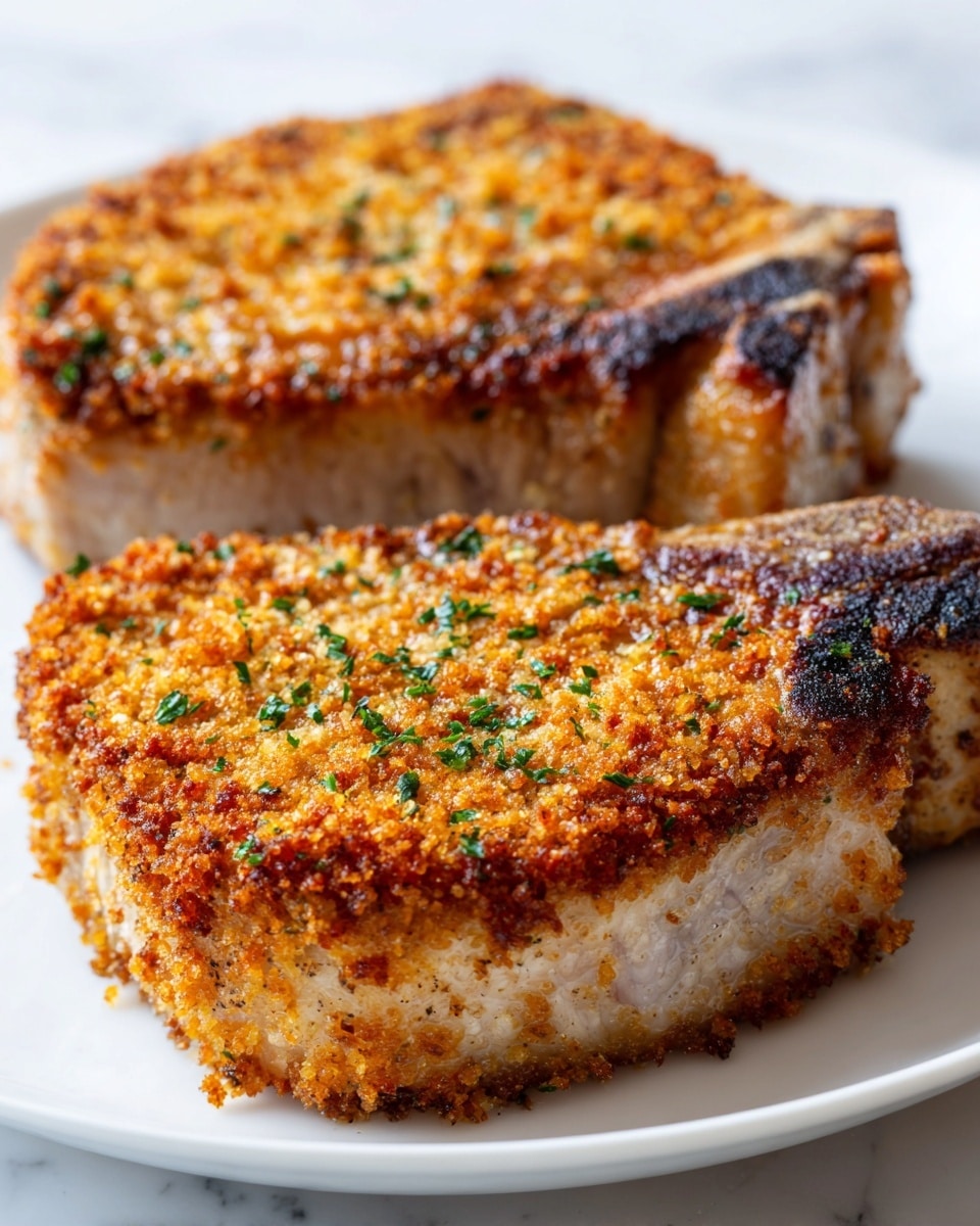 The image shows three breaded pork chops on a white plate, placed on a white marbled surface. Each chop is thick with a golden-brown, crispy breadcrumb coating that looks crunchy with darker toasted spots. The breadcrumb layer is speckled with finely chopped fresh green herbs, evenly spread on top. The pork underneath is visible at the edges, showing a juicy, tender white meat. The chops are arranged close together, filling the plate. photo taken with an iphone --ar 4:5 --v 7