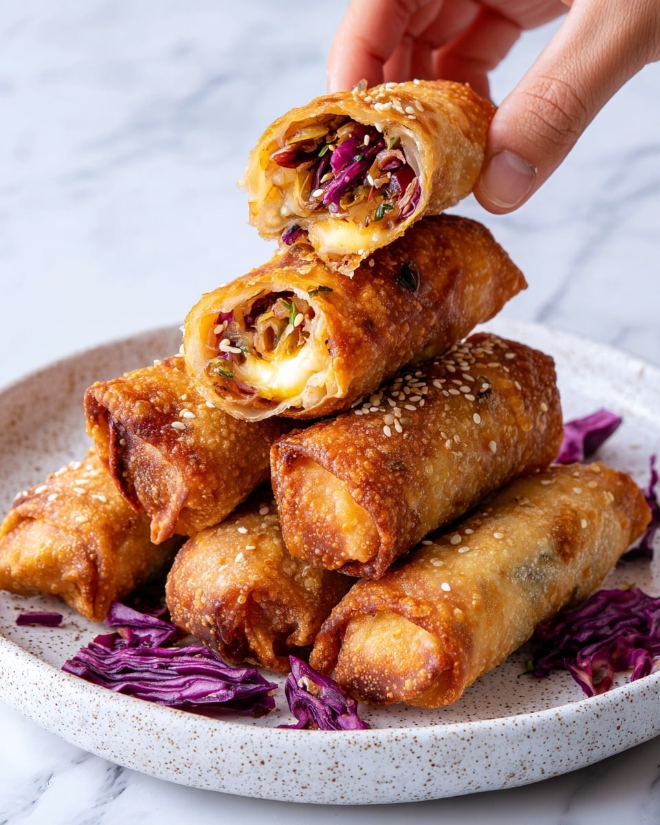 The image shows a close-up of crispy golden brown egg rolls stacked on a white speckled plate, placed on a white marbled surface. One egg roll is cut in half, revealing a gooey cheesy inside with purple cabbage pieces and light green herbs mixed in. The outer layer of the egg rolls is crunchy and textured with small bubbles and a few sesame seeds sprinkled on top. The purple cabbage inside adds a vibrant color contrast to the creamy melted cheese. The photo has a bright and clear focus with natural lighting.  photo taken with an iphone --ar 4:5 --v 7