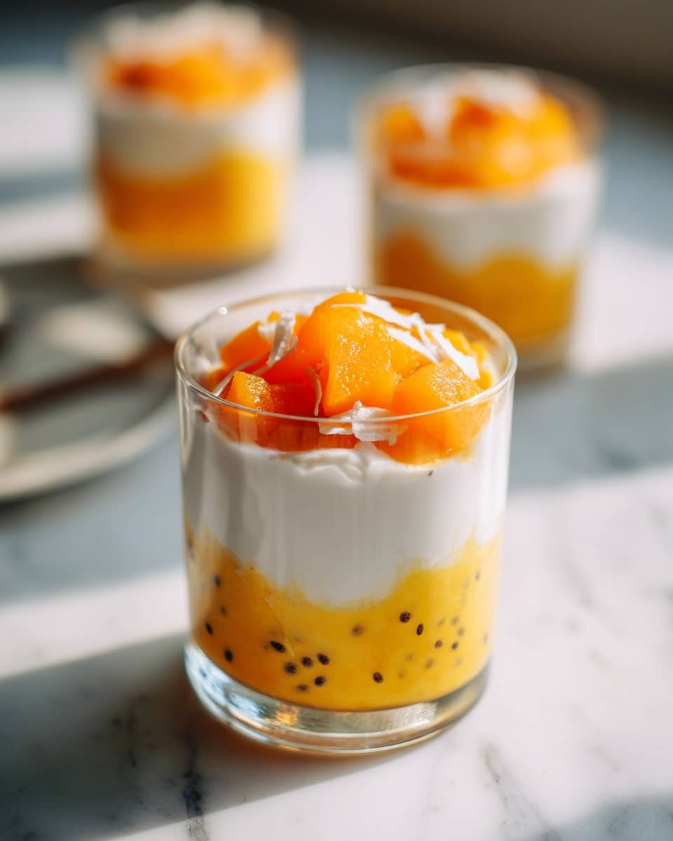 The image shows a clear round glass filled with three layers: the bottom layer is a thick yellow pudding with small black seeds evenly spread inside, the middle layer appears slightly thicker and creamy, topped with white coconut flakes scattered on top, and bright orange fruit chunks placed above the flakes. The glass is set on a white marbled surface with natural sunlight casting soft shadows. In the background, two more similar glasses contain the same yellow pudding with fruit on top, one of which has a woman's hand gently holding it. Photo taken with an iphone --ar 4:5 --v 7