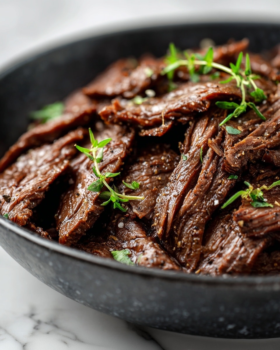 The dish shows a close-up view of tender, shredded beef layered thickly in a black tray. The beef is rich brown with moist texture and visible seasoning specks, including black pepper and herbs. Small green thyme sprigs are placed on top, adding a fresh touch. The shredded pieces vary in size and thickness, giving a rustic, hearty look. The black tray contrasts with the juicy meat, while the background features a white marbled texture. photo taken with an iphone --ar 4:5 --v 7