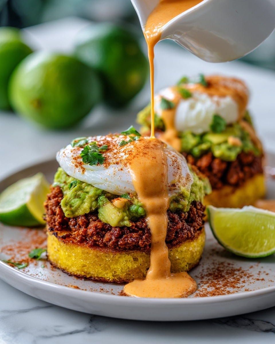 The image shows a dish with two stacks on a white plate with a white marbled background. Each stack has four layers: the bottom layer is a thick, round slice of roasted orange sweet potato; on top of that is a chunky green layer of mashed avocado; the third layer is a small pile of browned ground meat; the fourth layer is a smooth, white poached egg sitting on top. A creamy, light brown sauce with a smooth texture is being poured over the egg, dripping down the sides onto the plate. Small bits of ground meat are scattered on the plate near the stacks. Photo taken with an iphone --ar 4:5 --v 7