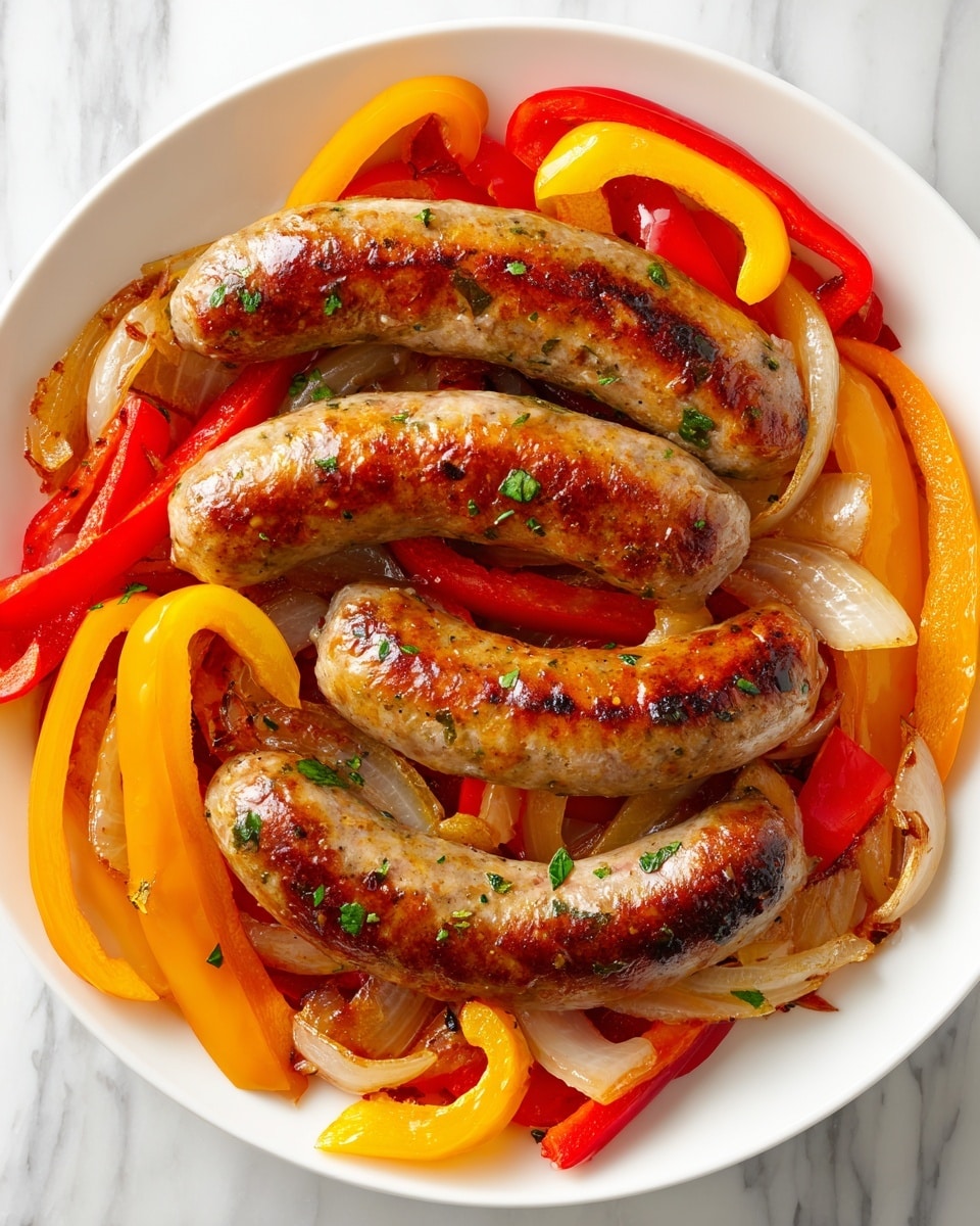 The image shows a white plate filled with four grilled sausages placed on top of a colorful mix of cooked red, yellow, and orange bell pepper slices and sautéed translucent onions. The sausages have a browned, slightly crispy texture and some green herb specks on them. The peppers are soft with a glossy finish, and the onions are slightly caramelized, giving a warm and tasty look. The background surface is a white marbled texture, adding a clean and bright feel to the image. Photo taken with an iphone --ar 4:5 --v 7