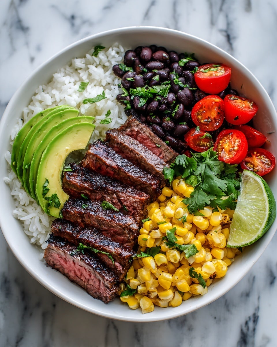 The image shows a white bowl filled with several colorful layers. At the bottom, there is a layer of white rice mixed with black beans. On top of this, there are slices of medium-rare grilled steak placed in the center, showing a pink inside and a slightly charred outside. To the right of the steak, there are thin slices of avocado arranged in a fan shape, with some char marks visible. To the left, there are halved cherry tomatoes with green leaves scattered around them. Above the steak, there is a section of grilled yellow corn kernels. A slice of lime is placed in the bowl near the tomatoes. The background shows a white marbled surface. Photo taken with an iphone --ar 4:5 --v 7