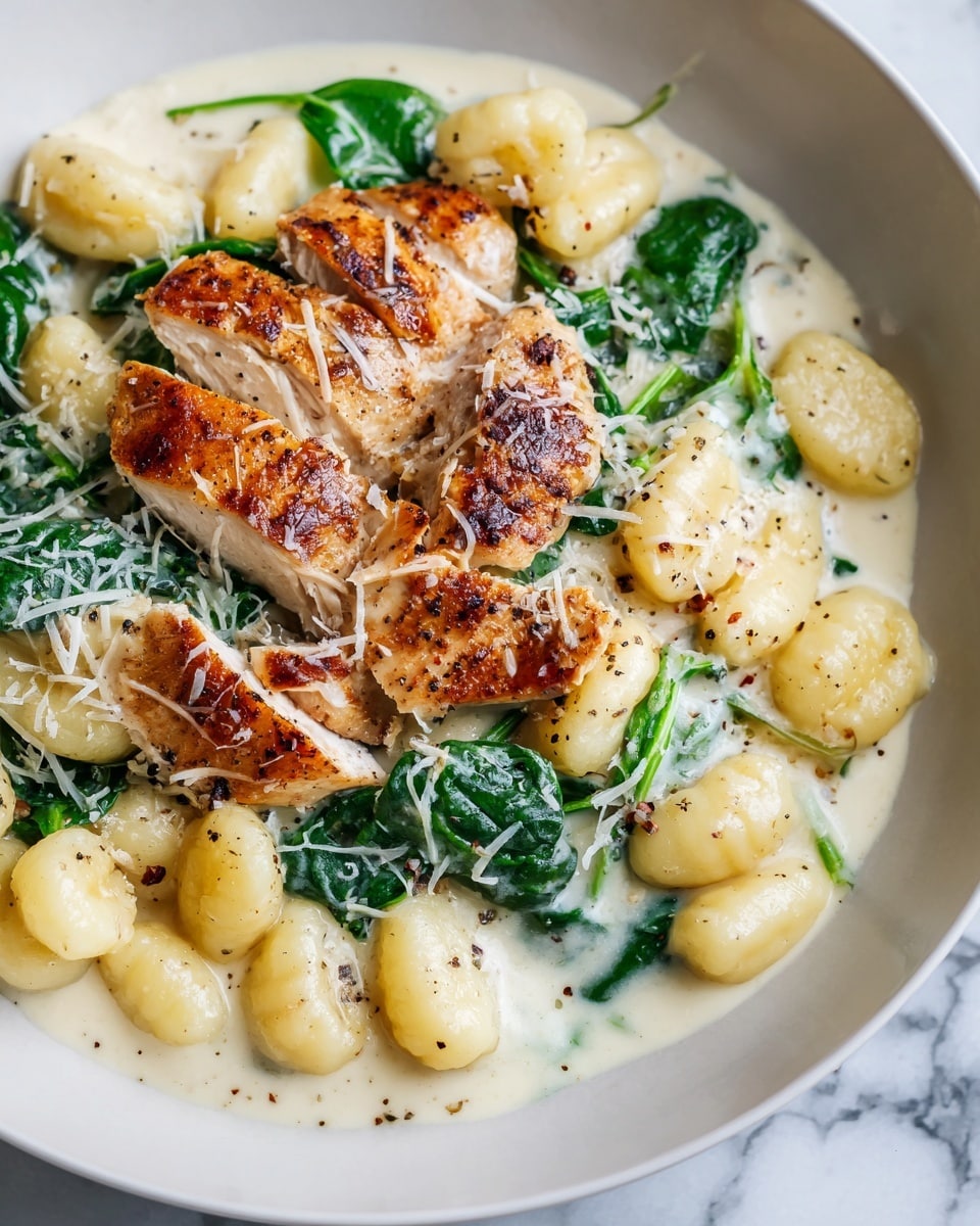 The image shows a close-up of a white plate filled with a creamy gnocchi dish. The bottom layer is soft, pale yellow gnocchi, coated in a smooth white cream sauce. Scattered among the gnocchi are fresh green spinach leaves adding bright color. On top, there are pieces of light brown grilled chicken with a slightly crispy texture. The dish is finished with a sprinkle of grated white cheese and small black pepper specks for contrast. The background is a white marbled texture. Photo taken with an iphone --ar 4:5 --v 7