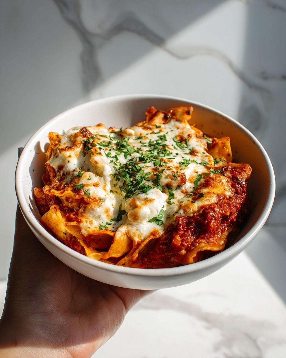 A close-up of a white bowl filled with a baked dish showing three main layers: the bottom layer is a rich, dark brown meat sauce, the middle layer has golden-baked gnocchi with some parts slightly crispy, and the top layer is melted, bubbly white cheese with browned spots and sprinkled fresh green parsley. A woman's hand is holding the bowl from the bottom, and the bowl is set against a white marbled texture background. photo taken with an iphone --ar 4:5 --v 7