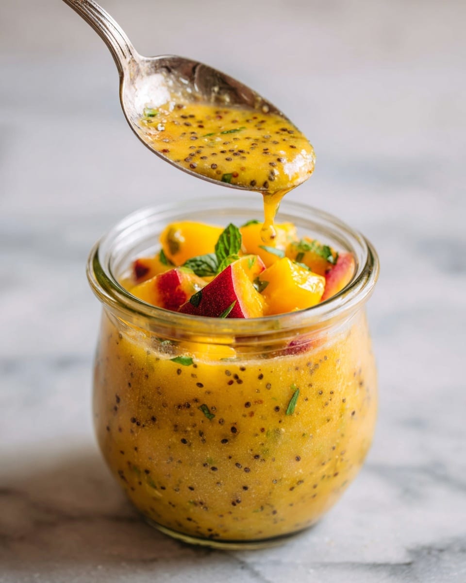 A clear glass jar is filled with a thick, bright golden-yellow dressing speckled with small black and green herbs evenly spread throughout. The texture looks smooth and slightly glossy with visible tiny grains in the paste. In the second image, the dressing is topped with small pieces of fresh peach in yellow and red hues, along with a few fresh green herb leaves floating on top. Both images show the jar on a white marbled surface, creating a clean and fresh look. photo taken with an iphone --ar 4:5 --v 7