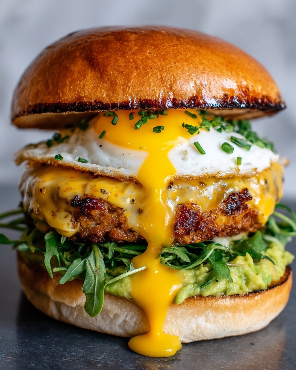 The image shows a close-up of a sandwich with multiple layers stacked on a soft, round bun at the bottom. The bottom bun is light golden with a smooth texture. Above it is a spread of green guacamole layered with fresh green leaves, likely arugula. On top of the greens sits a thick, crispy piece of grilled food with a golden-brown crust, covered in a thick, creamy orange sauce that drips down the sides. Above this is a perfectly cooked fried egg with a soft white edge and bright, runny yellow yolk partially broken and oozing onto the sauce. The sandwich is topped with a toasted bun that has a golden-brown, slightly charred surface sprinkled with small green chives. The sandwich is placed on a dark surface against a clean, unfocused background, which is replaced here with a white marbled texture. photo taken with an iphone --ar 4:5 --v 7