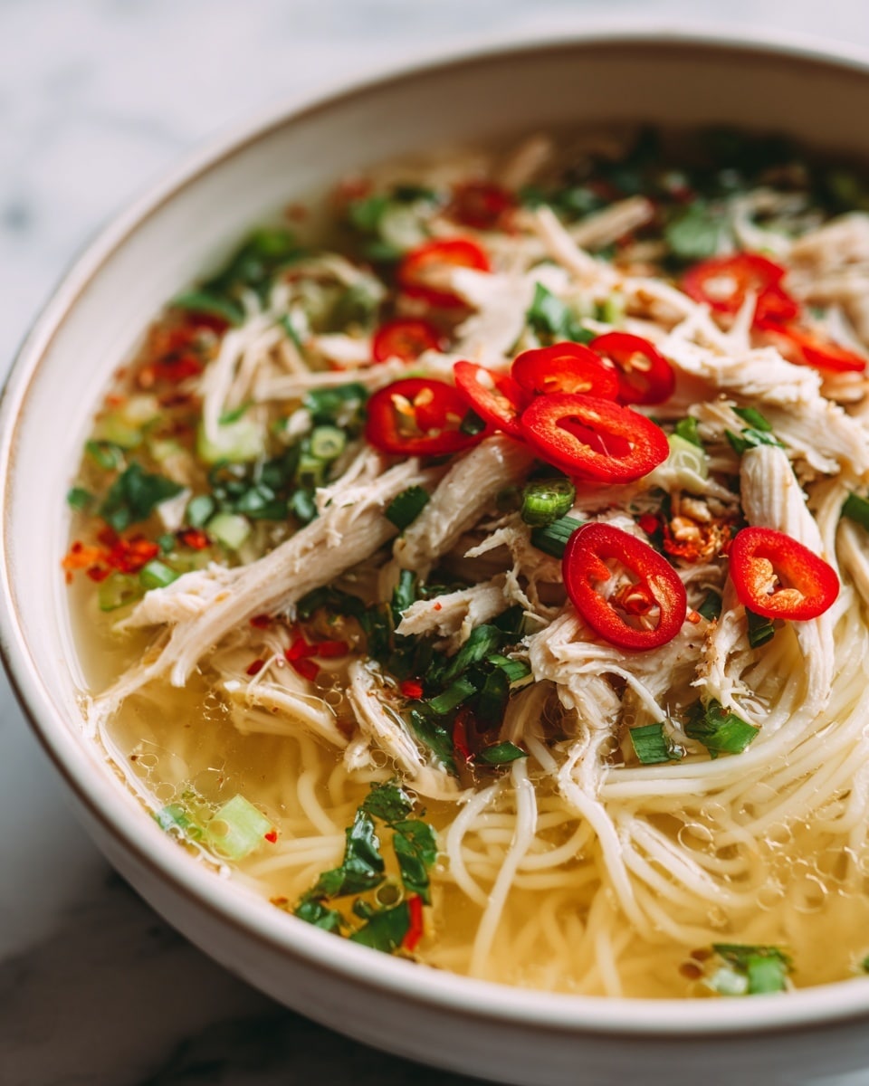 A close-up view of a bowl filled with a clear broth soup featuring white noodles tangled around shredded chicken pieces. The soup is topped with bright green leafy herbs, sliced scallions, and thin red chili slices scattered on the surface. The textures show soft noodles, tender chicken, and fresh, crisp vegetables, all placed on a clean white marbled background. Photo taken with an iphone --ar 4:5 --v 7