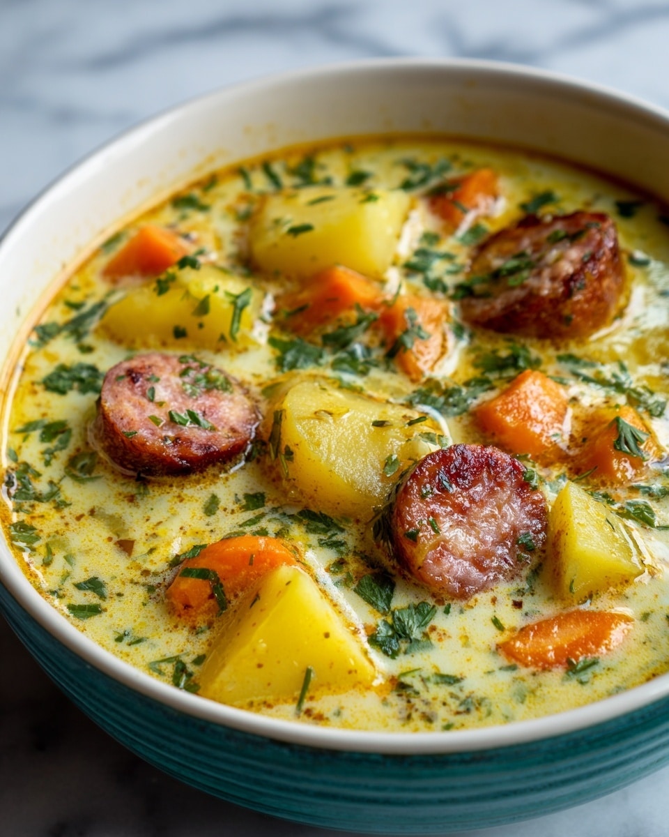 The image shows a close-up of a creamy soup in a white pot on a white marbled surface. The soup has several layers, including large round slices of brown sausage, small cubed orange carrots, and bigger light yellow potato pieces floating in a thick pale yellow broth. The broth looks smooth and slightly glossy, with green chopped herbs sprinkled on top, adding a fresh touch. Photo taken with an iphone --ar 4:5 --v 7
