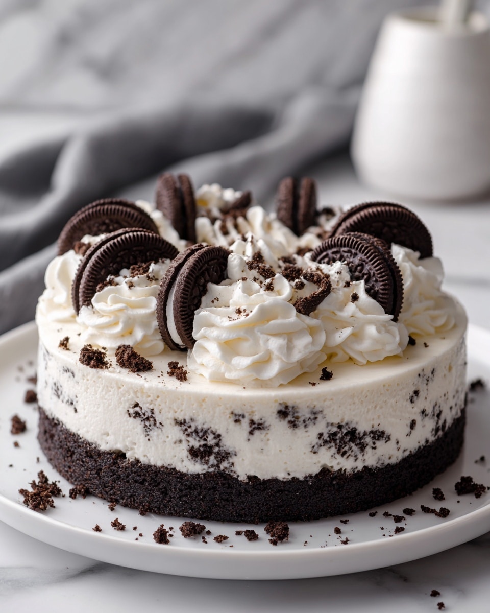 A round Oreo dessert sitting on a white plate with three visible layers: the bottom layer is dark crushed Oreo crumbs, the middle layer is thick white cream mixed with Oreo bits, and the top layer is fluffy white whipped cream with several whole mini Oreos scattered on top, some resting upright and others lying flat. There are also small crushed Oreo crumbs sprinkled on the whipped cream edges and around the base on the plate. The background features a white marbled texture with a blurred white object and a gray cloth partially visible. The photo taken with an iphone --ar 4:5 --v 7