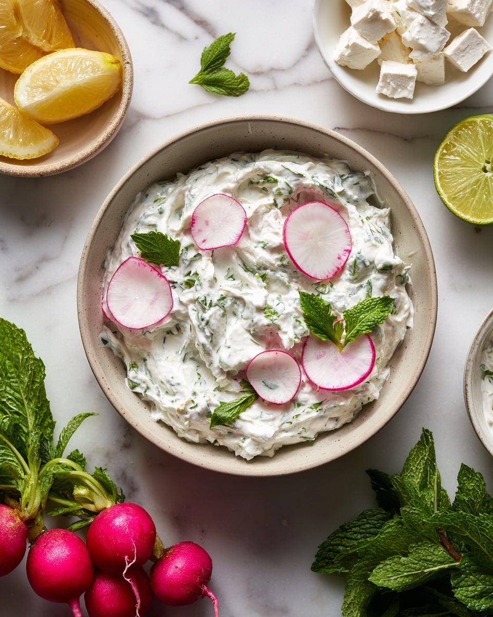 A bowl filled with a creamy white yogurt dip mixed with green herbs fills the center, topped with thinly sliced radishes showing their white and pink edges, and small green parsley leaves. Around the bowl are three bright pink radishes with roots, a white bowl filled with small chunks of white cheese, fresh green mint leaves on the white marbled surface, and two white bowls with lemon and lime wedges. The scene is bright and fresh with natural textures. photo taken with an iphone --ar 4:5 --v 7