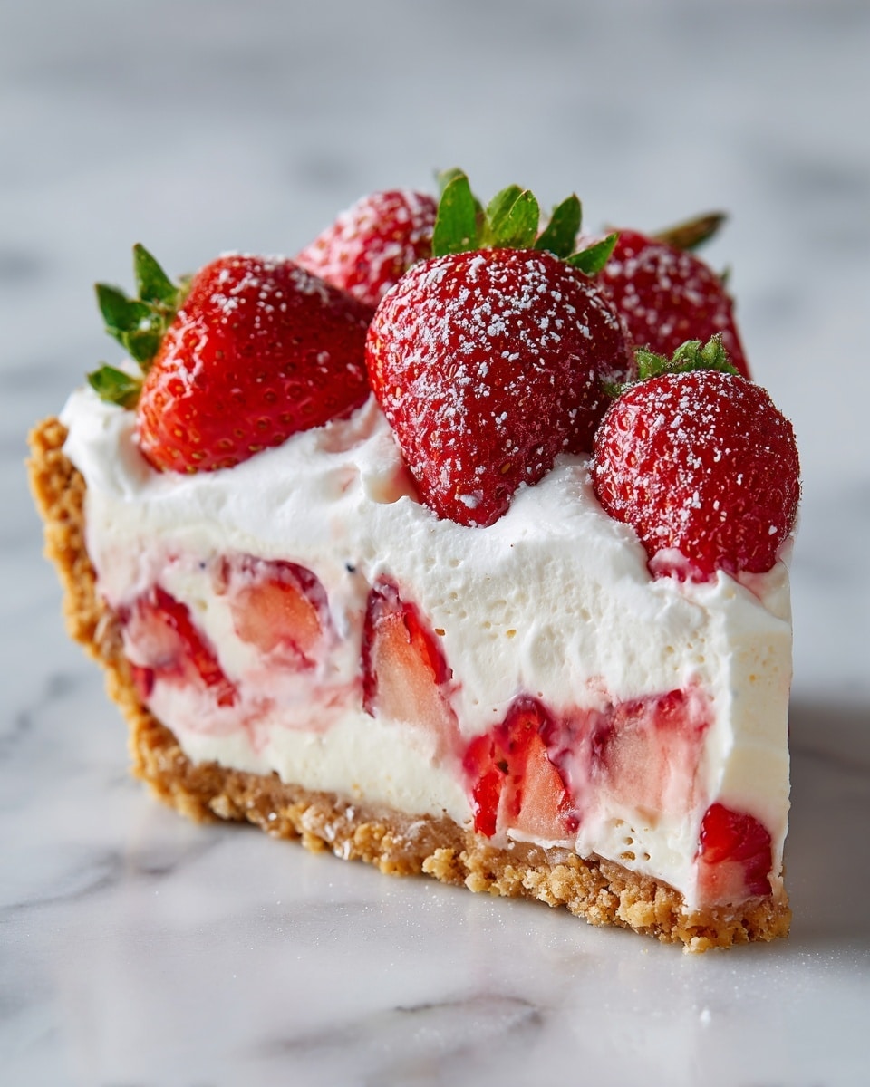 A slice of strawberry cheesecake with four visible layers sits on a white marbled surface. The bottom layer is a crumbly, golden-brown crust, rough in texture. Above that is a thin, slightly translucent, light pink layer. The third layer is thick, fluffy, and white creamy cheesecake filling. Embedded within this creamy layer are glistening slices of red strawberries. On top, there is a glossy layer of strawberry sauce, crowned with whole and halved fresh strawberries dusted lightly with powdered sugar. Photo taken with an iphone --ar 4:5 --v 7