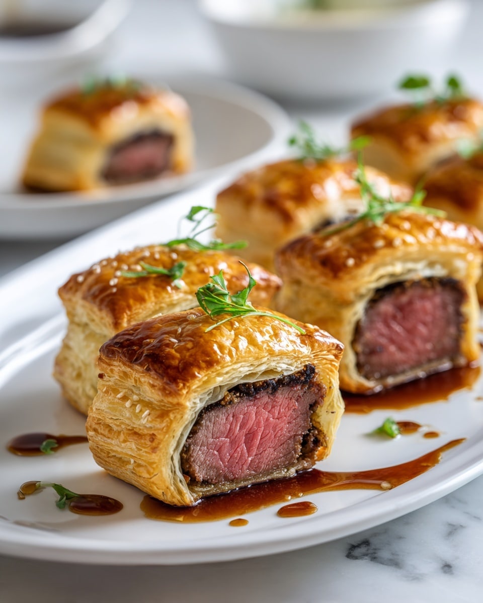 Several small square pastries sit on a white plate with a brown rim on a white marbled surface. Each pastry has about four to five thin, golden brown flaky layers on the outside with a shiny glaze and small green herb leaves on top. Inside, there is a thick piece of cooked beef that shows a medium-rare pink center surrounded by a browned edge. The plate has some small drops of sauce and scattered black peppercorns around the pastries. In the background, there is a white bowl partially visible. photo taken with an iphone --ar 4:5 --v 7