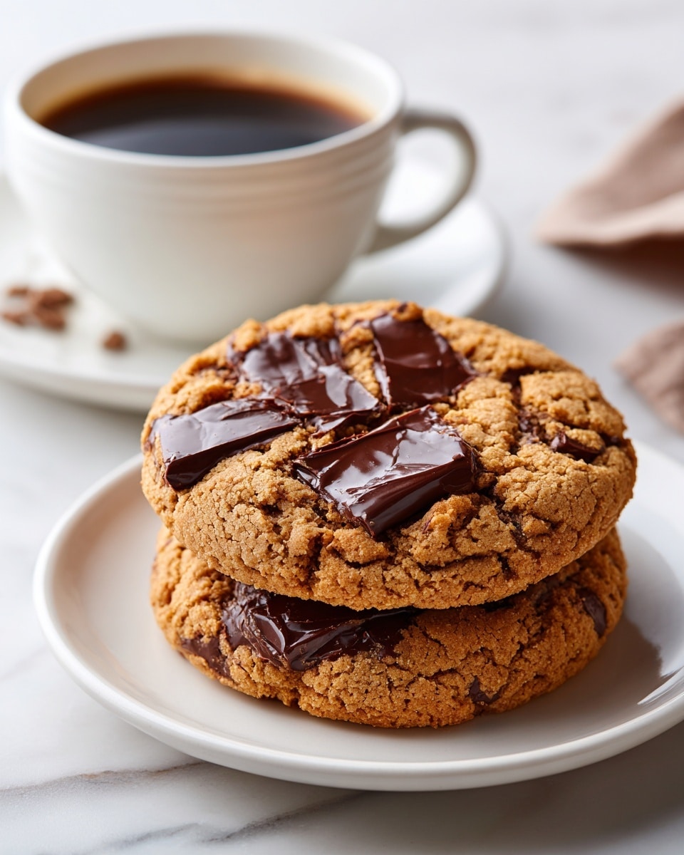 Two thick, round cookies with a golden-brown, rough texture are placed on a white plate; the cookies show large, melted dark chocolate chunks embedded throughout, creating shiny, gooey spots on the surface. The plate sits on a white marbled texture, and behind the cookies, there is a white cup filled with coffee, blurred softly in the background. Photo taken with an iphone --ar 4:5 --v 7