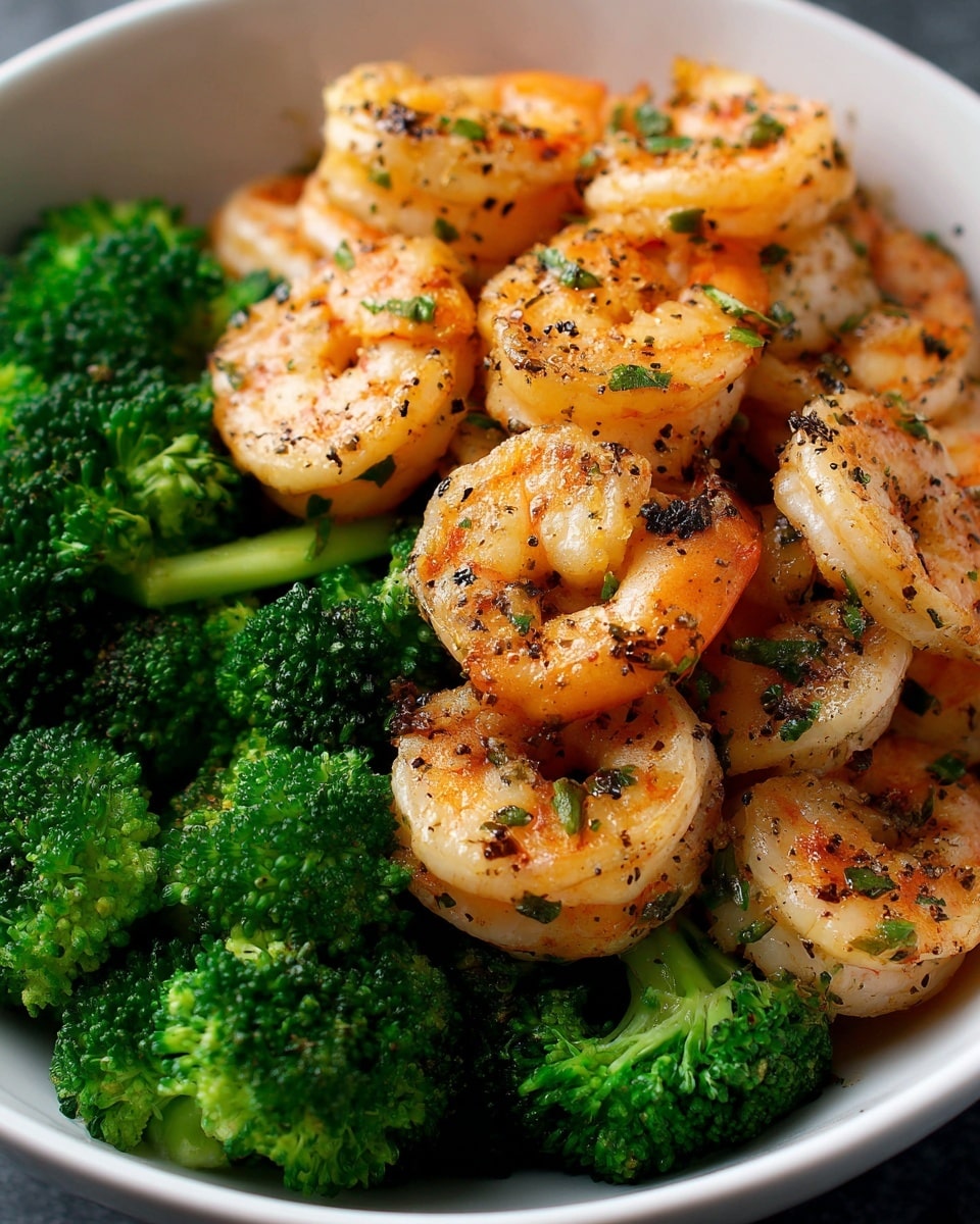 The dish shows a white bowl filled with two main layers: the bottom layer is bright green broccoli florets with a slightly shiny texture, and the top layer is orange-pink cooked shrimp, glistening with a light coat of seasoning and sprinkled with small bits of green herbs. The shrimp are plump, slightly curled, and arranged evenly over the broccoli, creating a contrast of colors and textures. The photo is taken close up, focusing on the shrimp and broccoli detail against a white marbled texture background. photo taken with an iphone --ar 4:5 --v 7