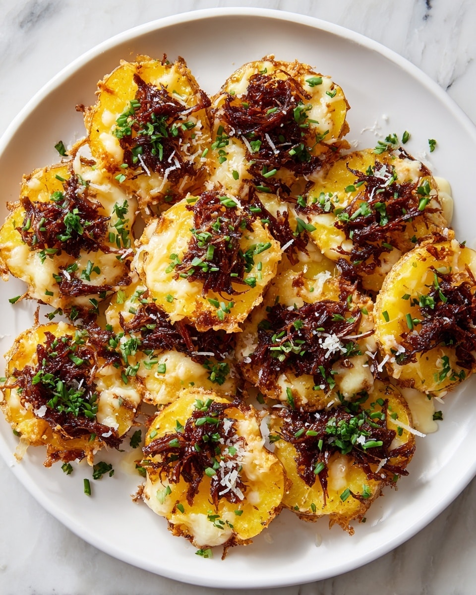 The image shows a close-up of a white plate filled with multiple small potato slices topped with melted cheese and shredded meat. Each potato slice is golden brown and slightly crispy at the edges, with a gooey layer of melted yellow and white cheese on top. The shredded meat is dark brown and placed in clumps evenly across the potatoes. Fresh green chopped herbs are sprinkled over everything, adding a touch of color and freshness. The plate sits on a white marbled surface, and the image is brightly lit, highlighting the texture and melted cheese of the dish. photo taken with an iphone --ar 4:5 --v 7
