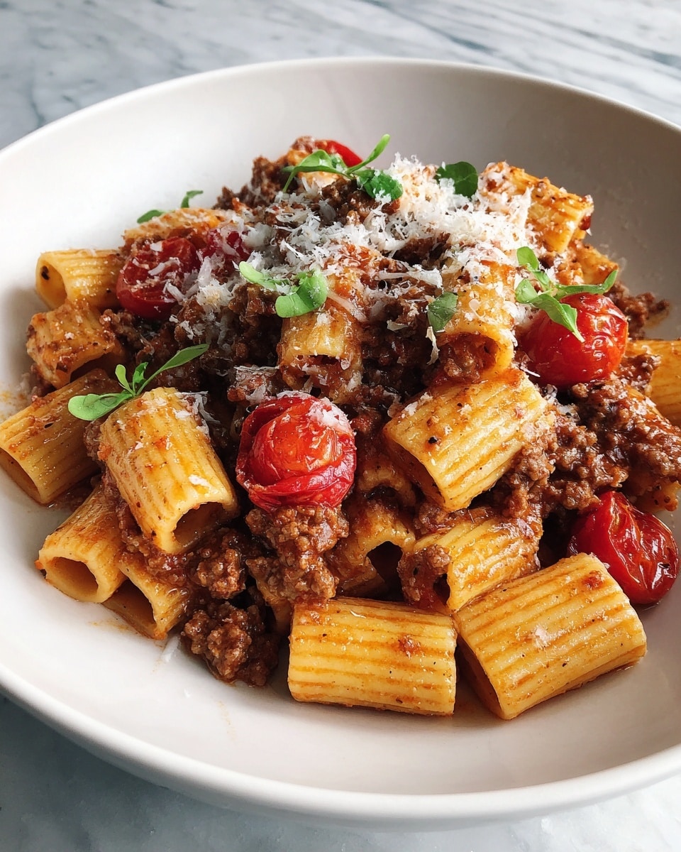 A close-up image of a white bowl filled with rigatoni pasta coated in a rich, brown meat sauce mixed with small whole cherry tomatoes, and garnished with small bits of chopped green herbs on top; the pasta pieces have ridged texture and a light golden-yellow color, while the sauce looks thick and chunky, with visible meat and tomato bits throughout. The background shows a soft white marbled texture. Photo taken with an iphone --ar 4:5 --v 7